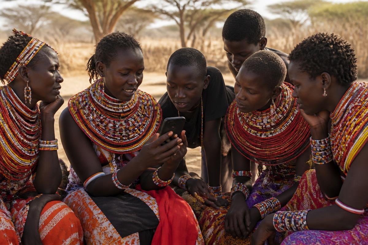 Samburu community members gathered together sharing stories under an acacia tree