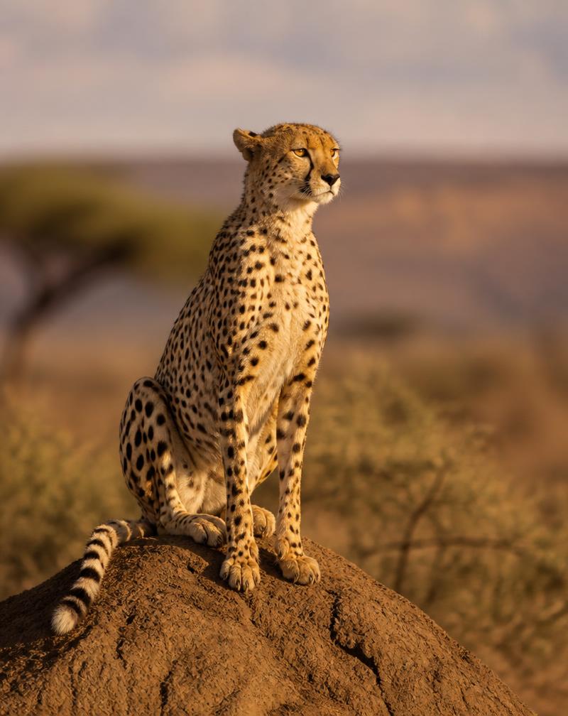 A cheetah sitting on a termite mound scanning the horizon