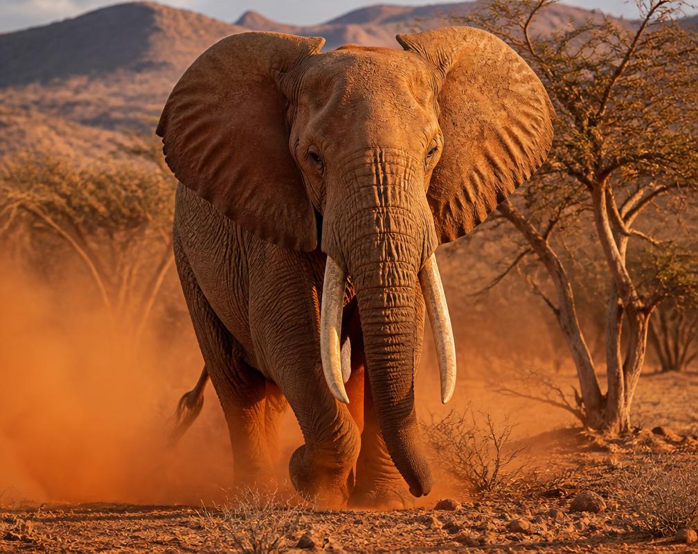 An African elephant walking through a dusty Samburu landscape