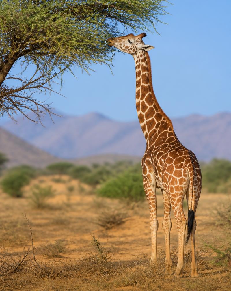 A reticulated giraffe eating from an acacia tree