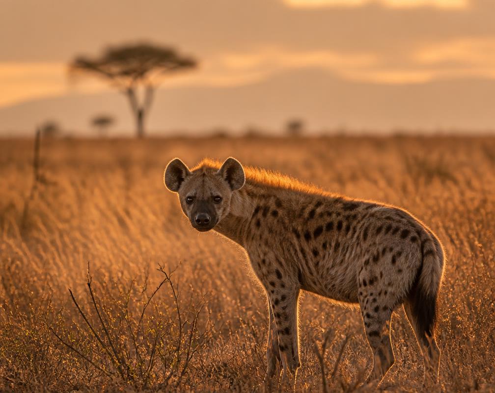 A spotted hyena at dusk in the Samburu grassland
