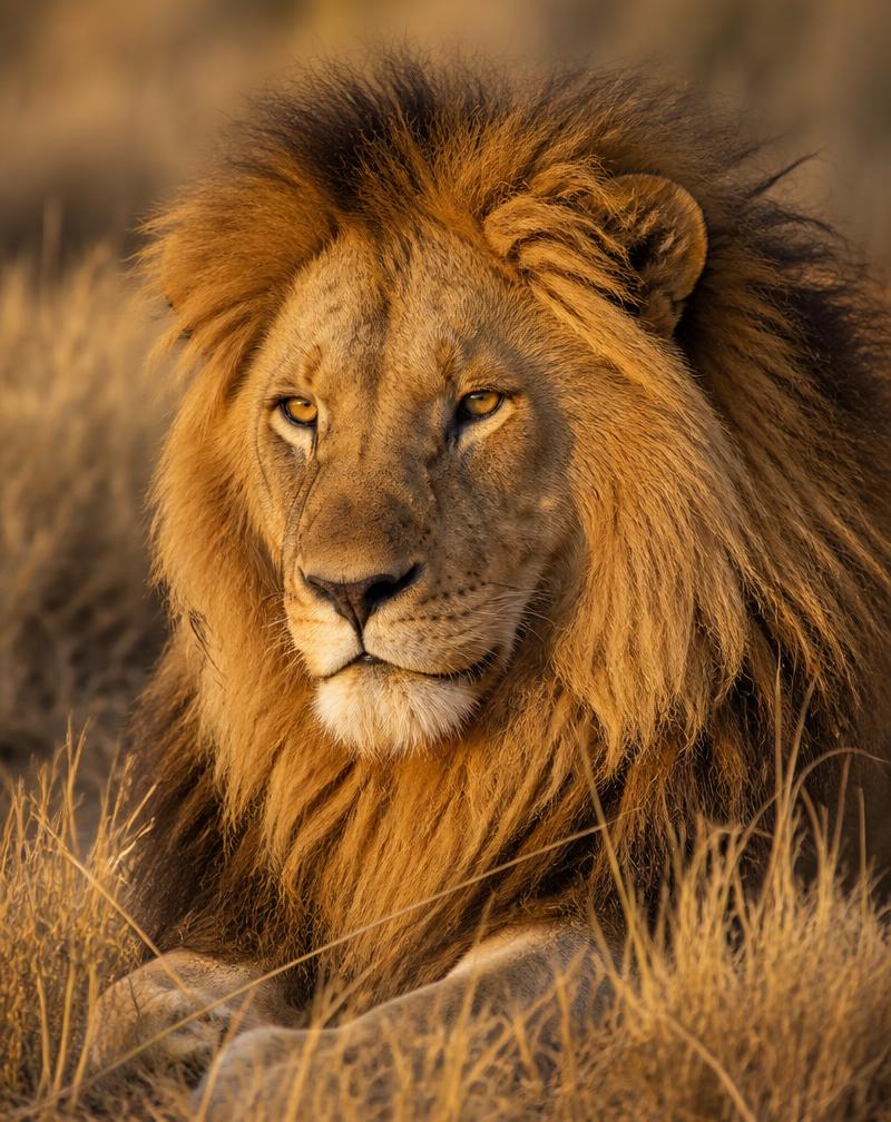 A male lion in golden Samburu grassland