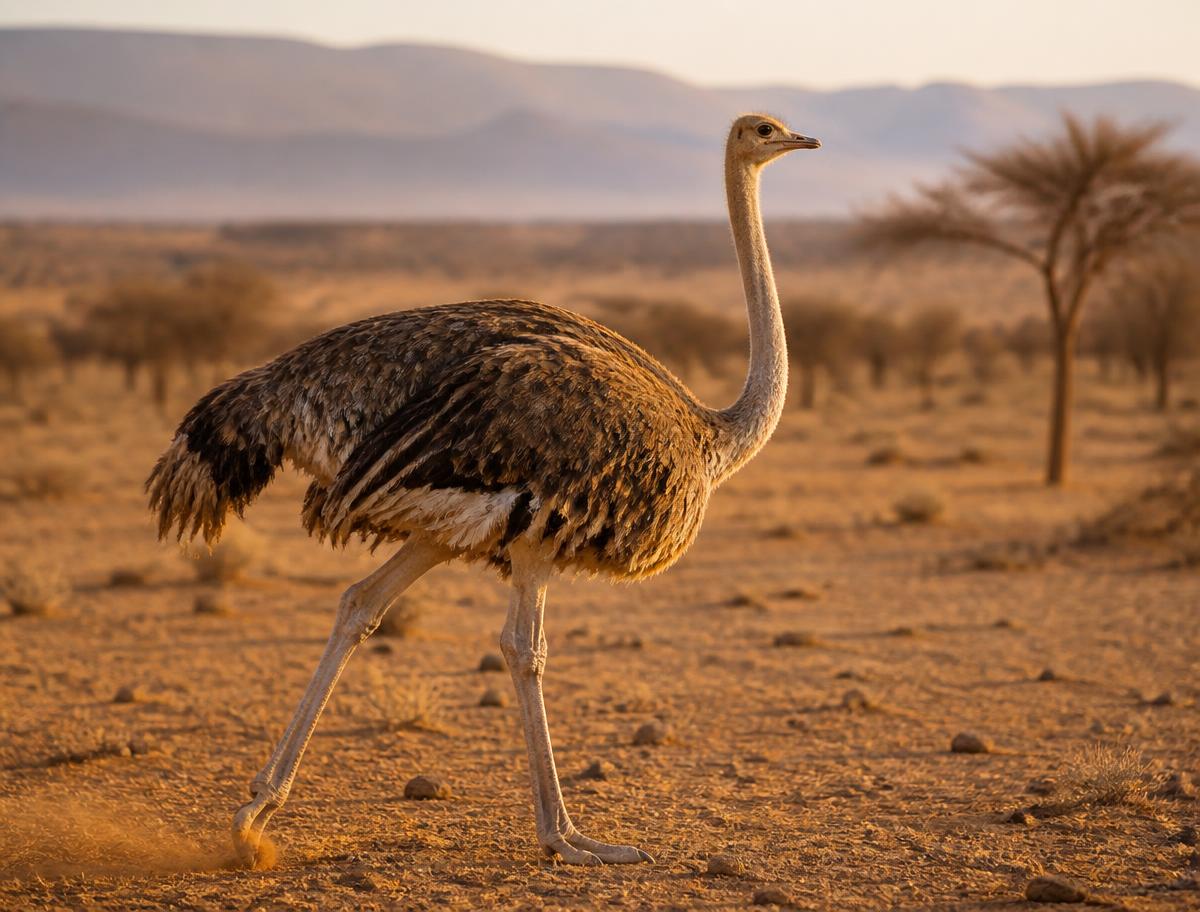 A Somali ostrich walking across arid plains at golden hour