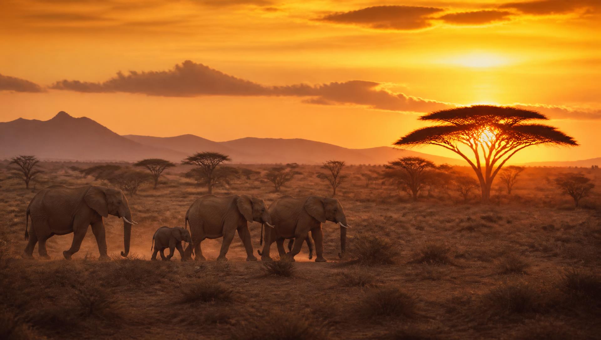 A wide savanna landscape with elephants and acacia trees at sunset