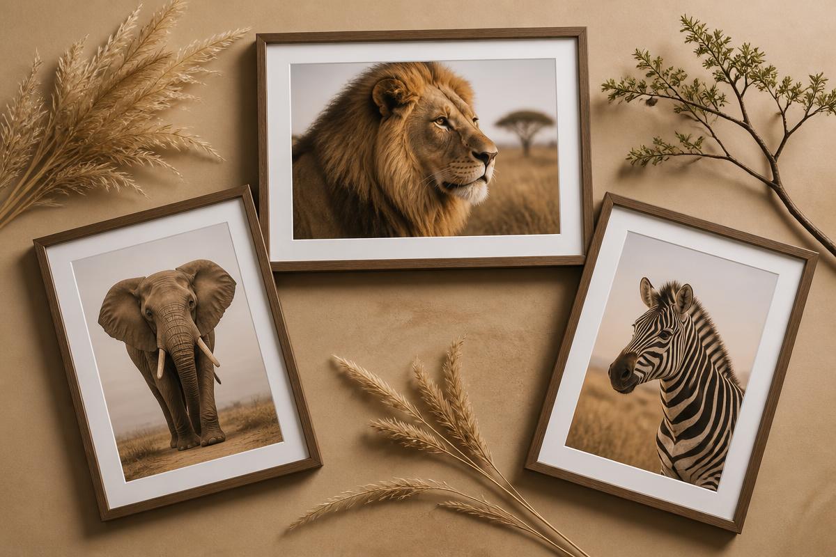 Premium wildlife photography prints in elegant frames arranged for an online shop